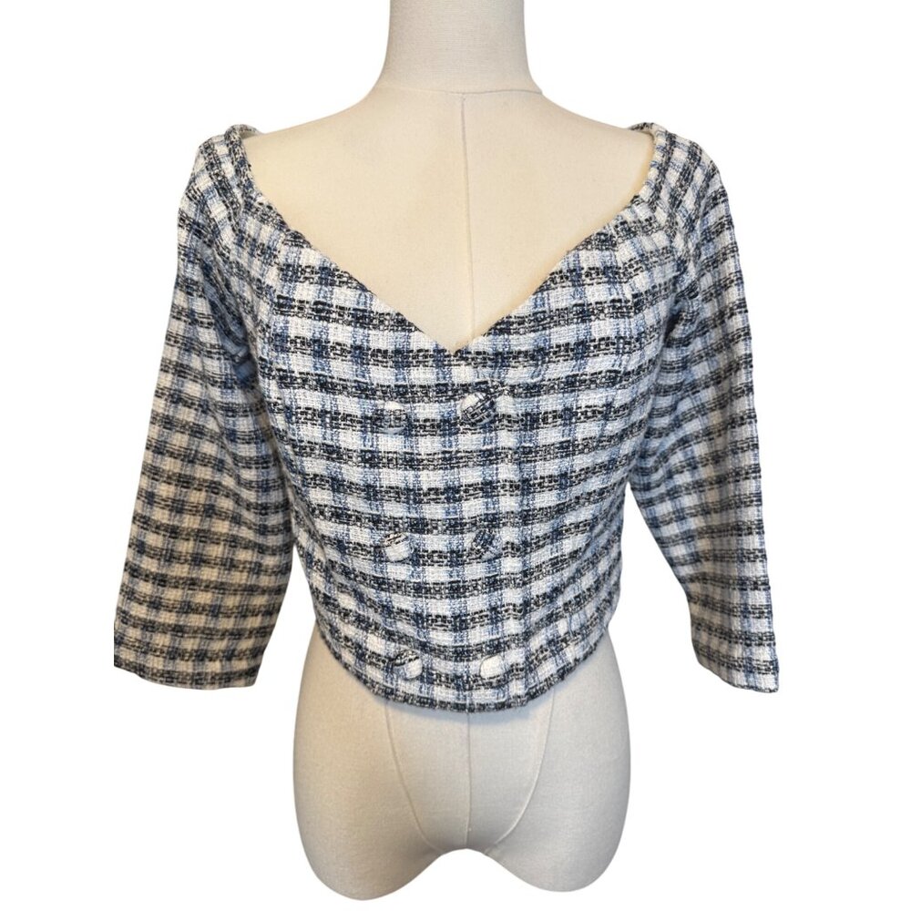 2/$30 ZARA Womens M Plaid Tweed Cropped Jacket Navy Blue/White